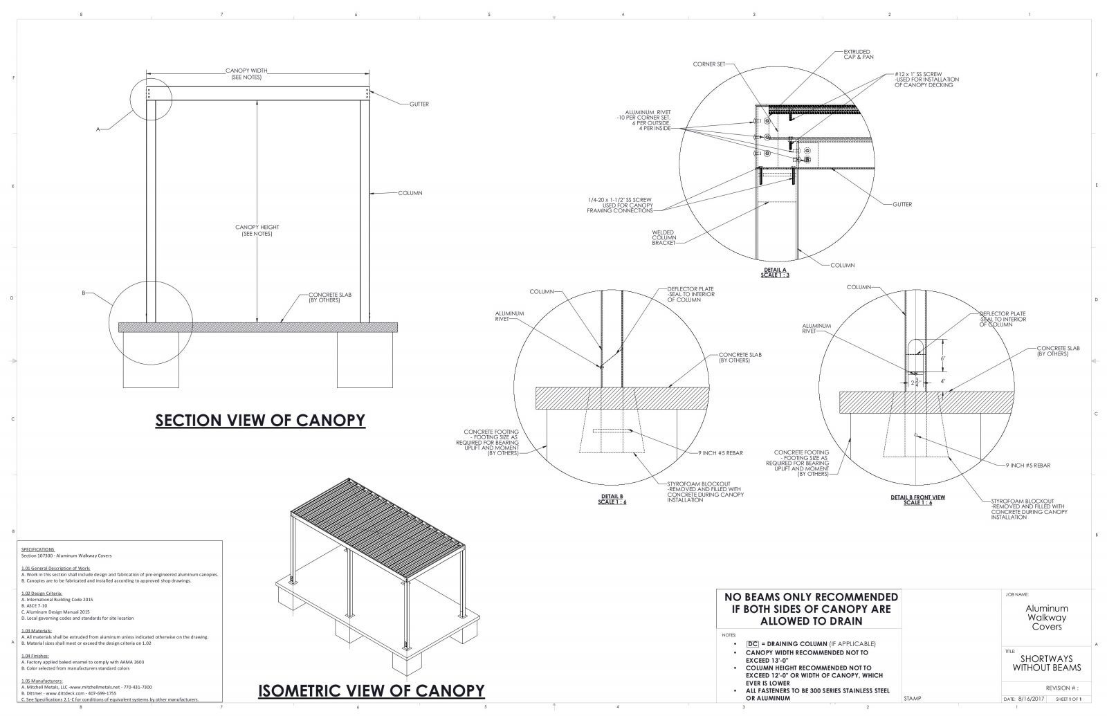 details of walkway canopy for architects and GCs