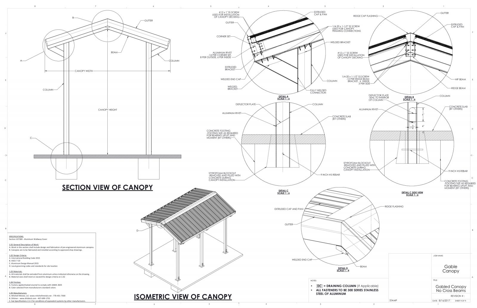 Gabled canopy without crossbeams-drawings and specs by Mitchell Metals