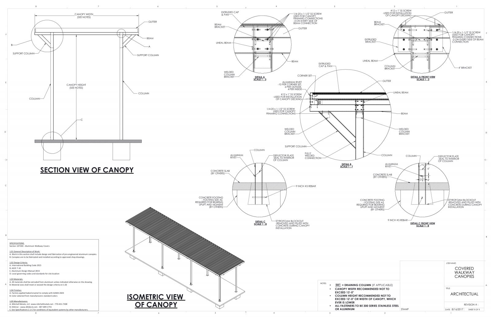 Architectural canopy details and specifications for architects and general contractors